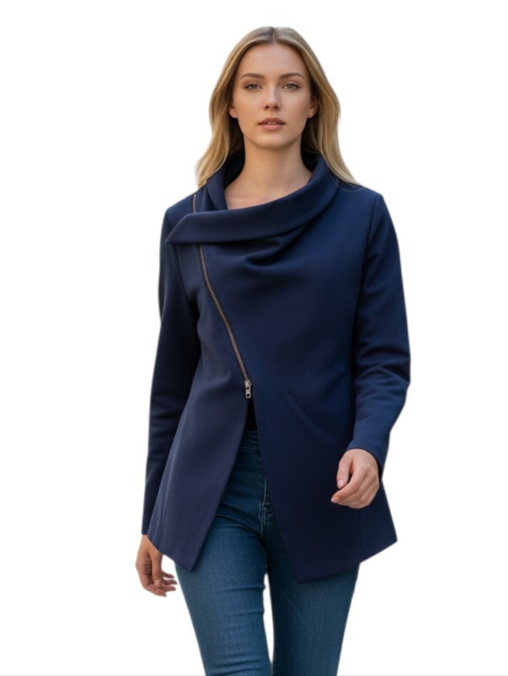 Isabel De Pedro Blue Asymmetrical Zip Jacket Blazer Modern Chic Fit Sz 6
